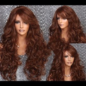 Beautiful human hair blend Auburn mix long wig heat resistnt 28"with curls bangs